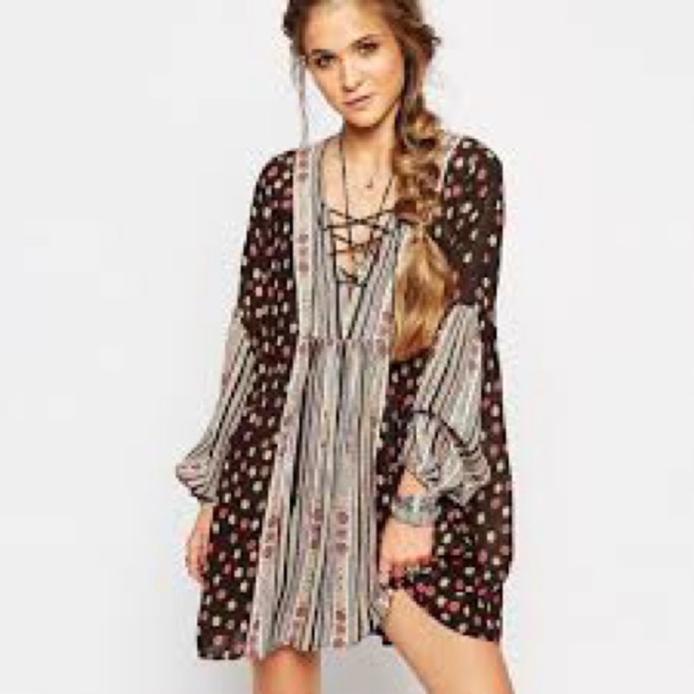 Free People Rain Or Shine Pebble Lace-Up Bohemian Mini Dress Size XSmall